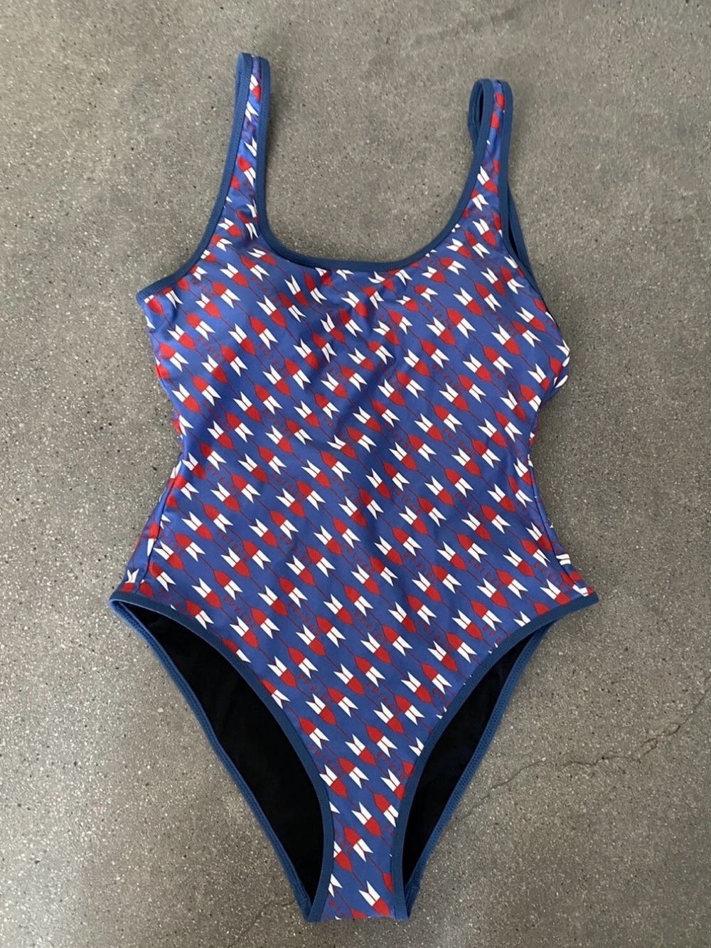 The Upside Blue Swimsuit with Red & White Geometric Print